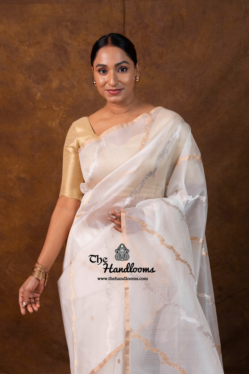 White Pure Kora Silk Handloom Banarasi Saree