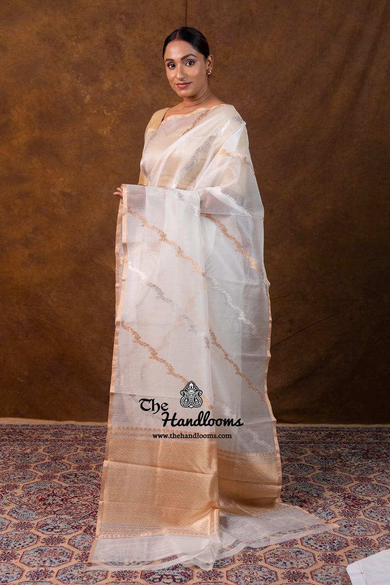 White Pure Kora Silk Handloom Banarasi Saree