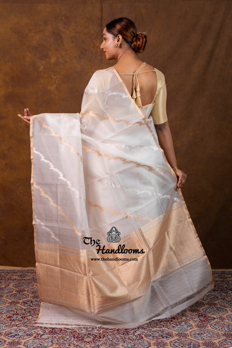 White Pure Kora Silk Handloom Banarasi Saree