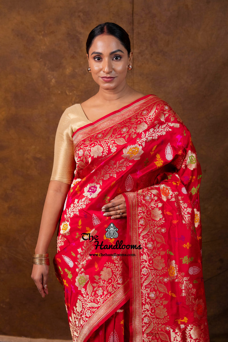 Red Ektara Pure Katan Silk Banarasi Handloom Saree - All Over Meenakari Kadiyal Jaal Work