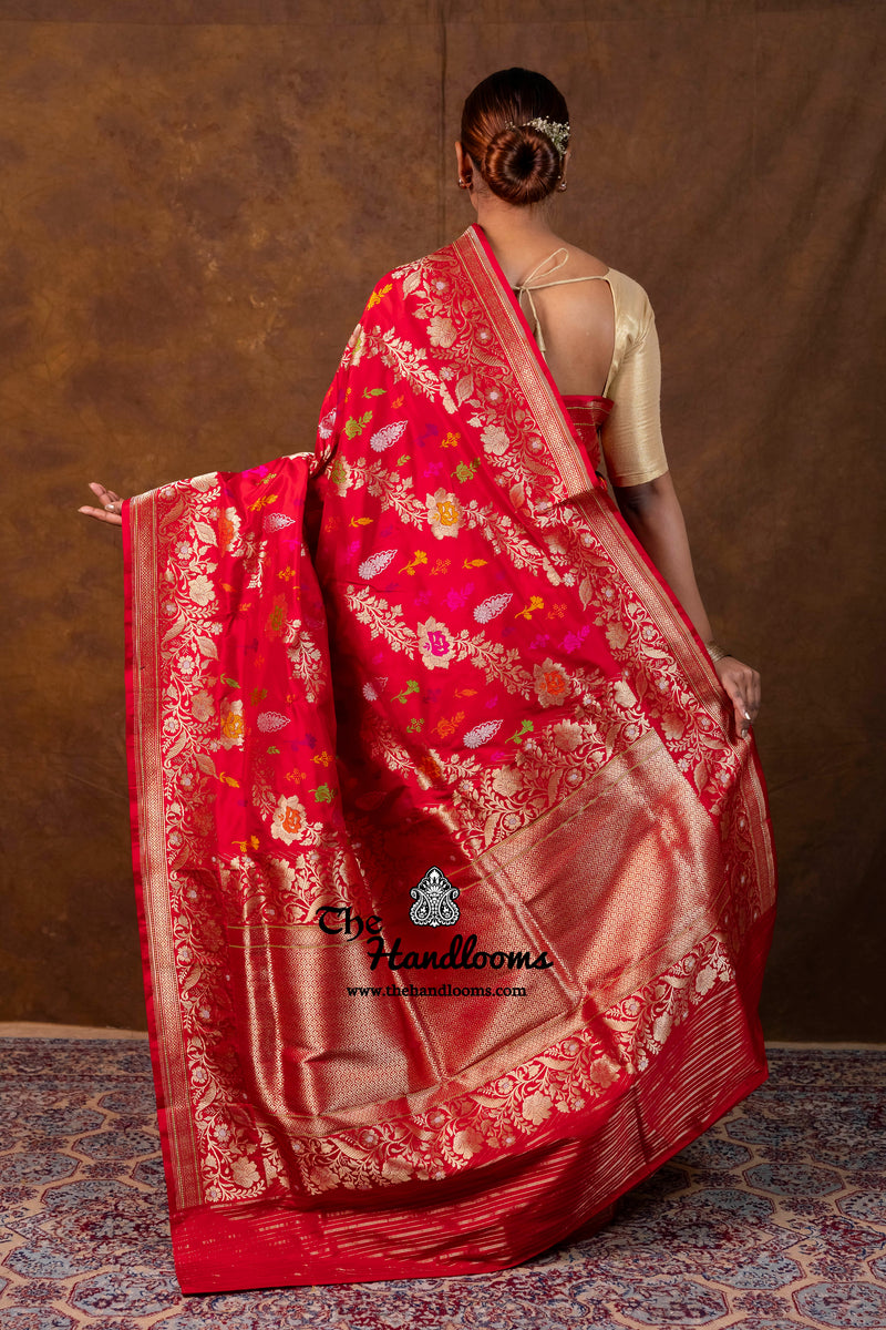 Red Ektara Pure Katan Silk Banarasi Handloom Saree - All Over Meenakari Kadiyal Jaal Work