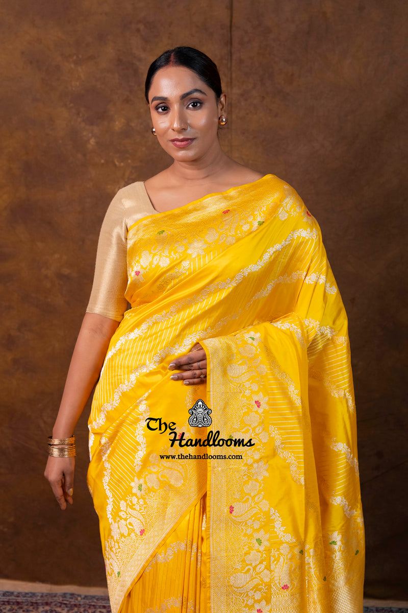 Yellow Pure Katan Silk Banarasi Handloom Saree - All Over Kadiyal Stripe