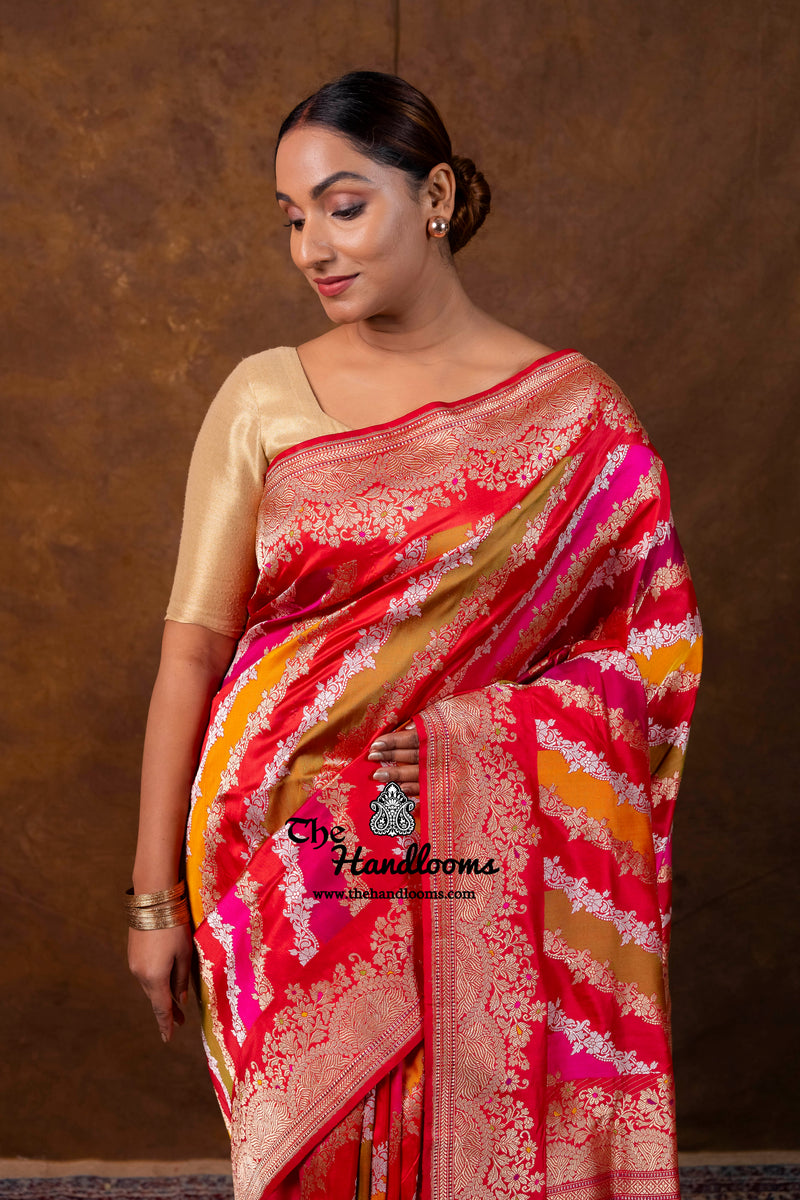 Ektara Pure Katan Silk Banarasi Handloom Saree - All Over Kadiyal Stripe Rangkart