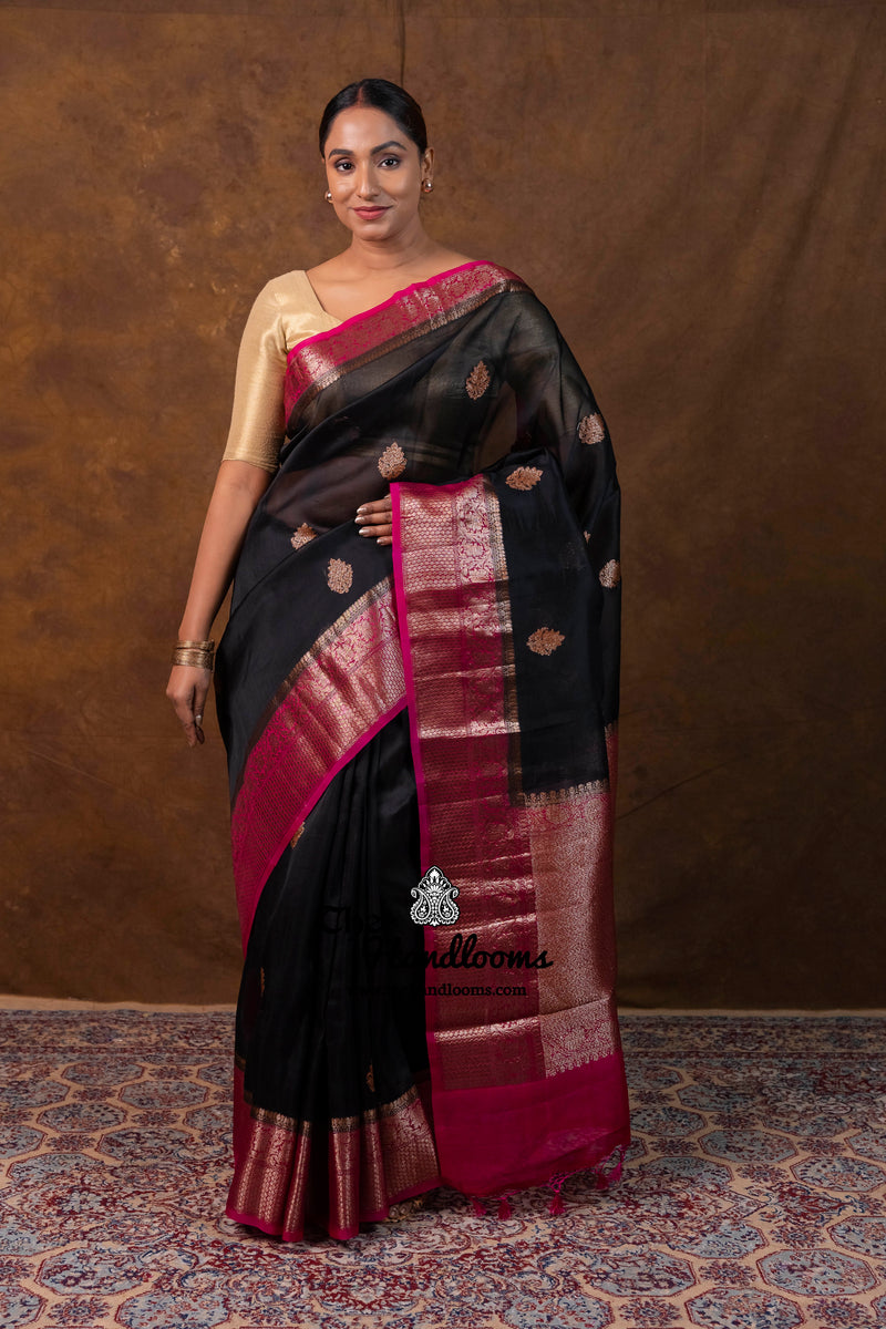 Black Pure Kora Silk Handloom Banarasi Saree