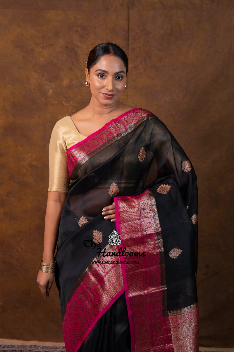 Black Pure Kora Silk Handloom Banarasi Saree