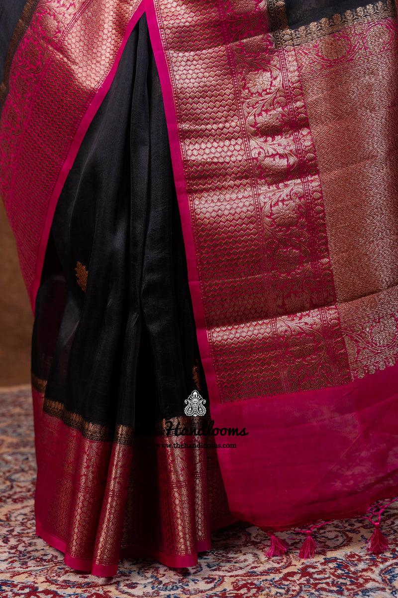 Black Pure Kora Silk Handloom Banarasi Saree