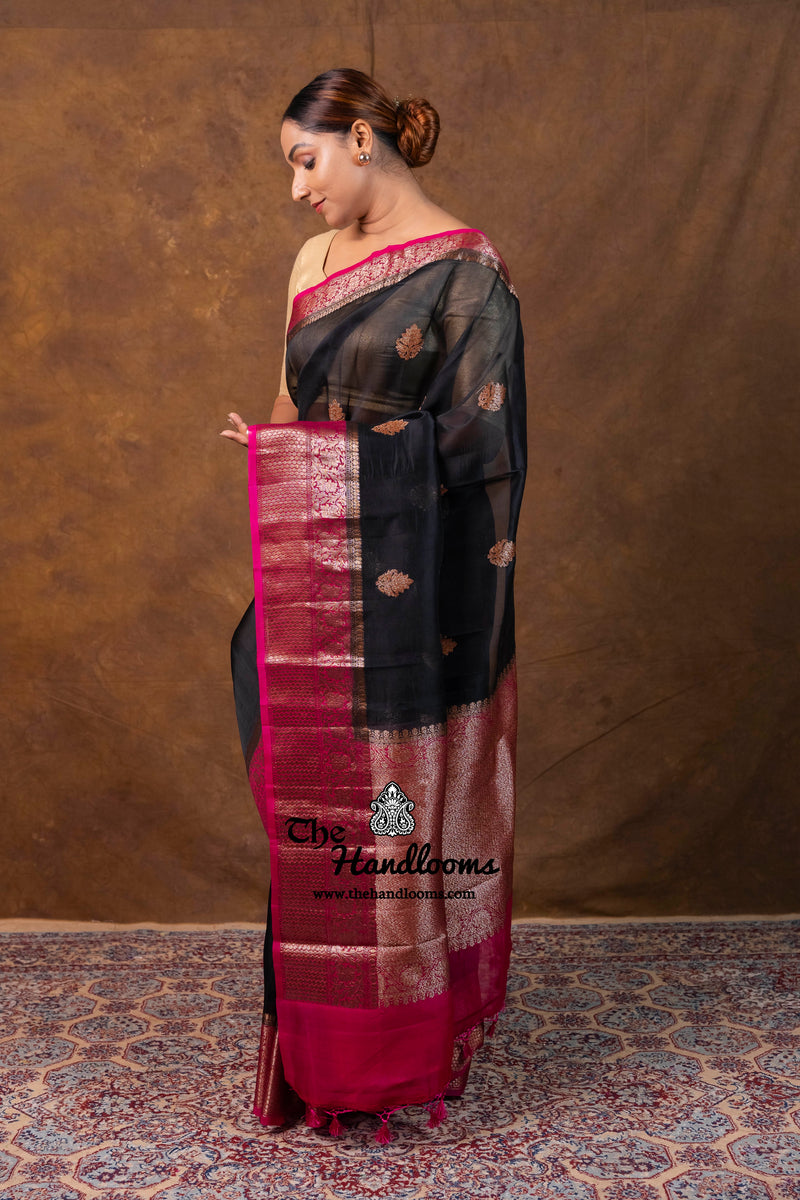 Black Pure Kora Silk Handloom Banarasi Saree
