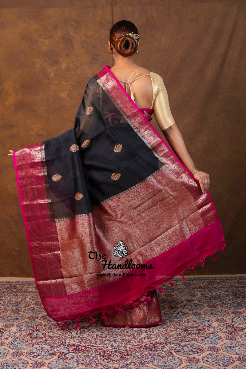 Black Pure Kora Silk Handloom Banarasi Saree
