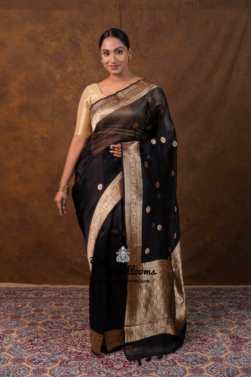 Black Pure Kora Silk Handloom Banarasi Saree