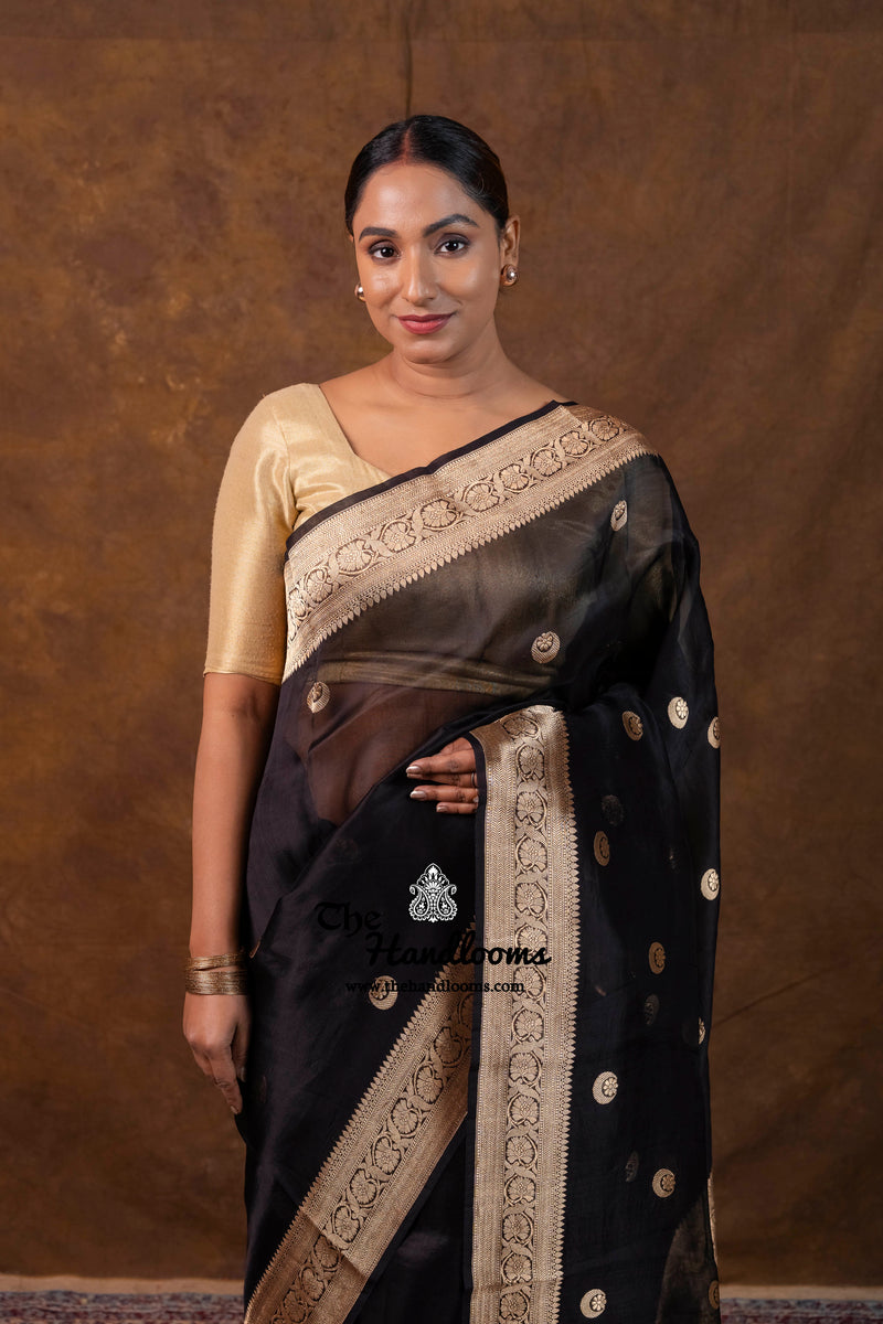 Black Pure Kora Silk Handloom Banarasi Saree