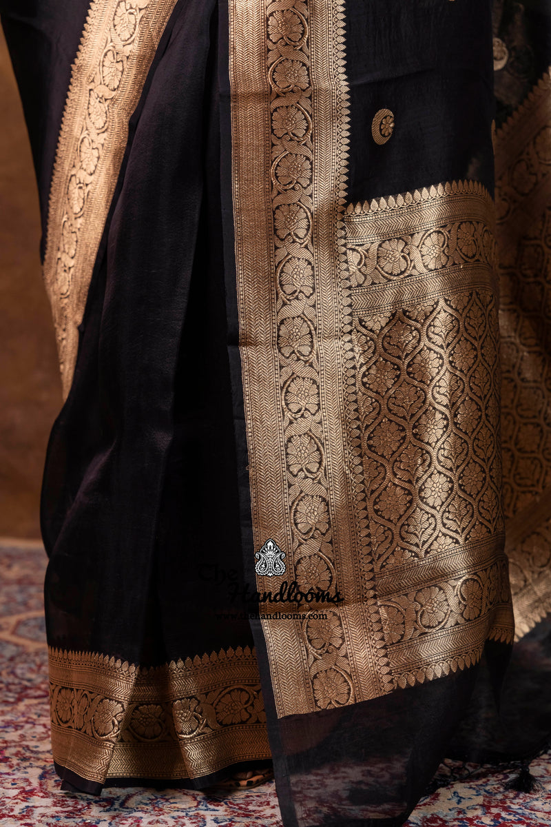 Black Pure Kora Silk Handloom Banarasi Saree