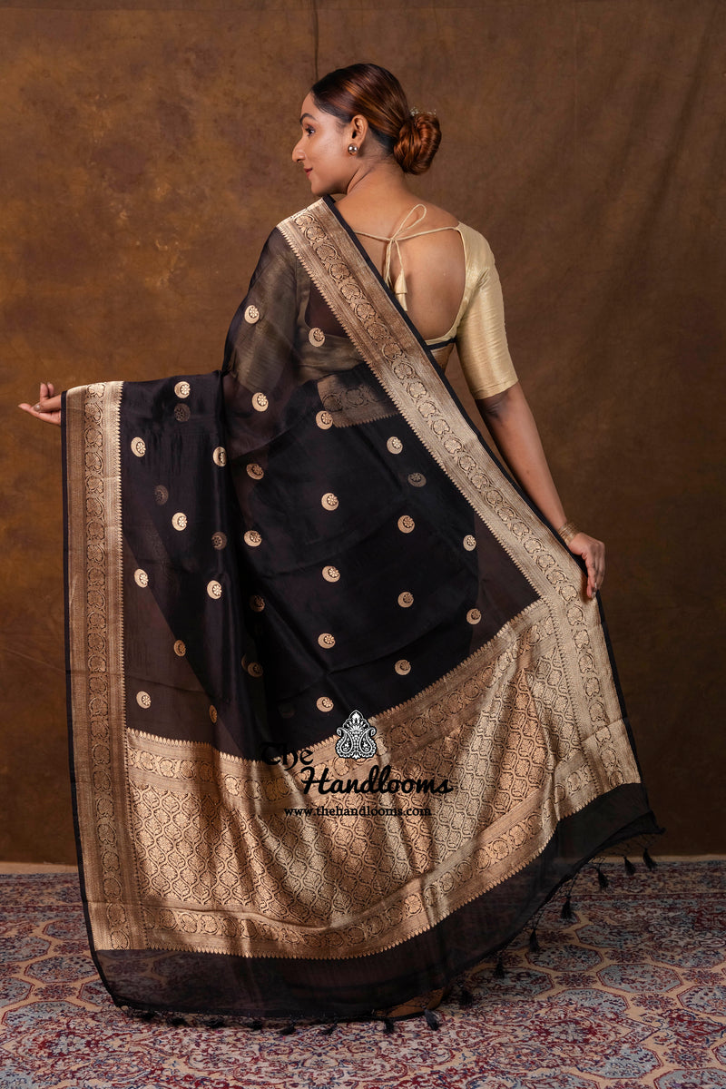 Black Pure Kora Silk Handloom Banarasi Saree
