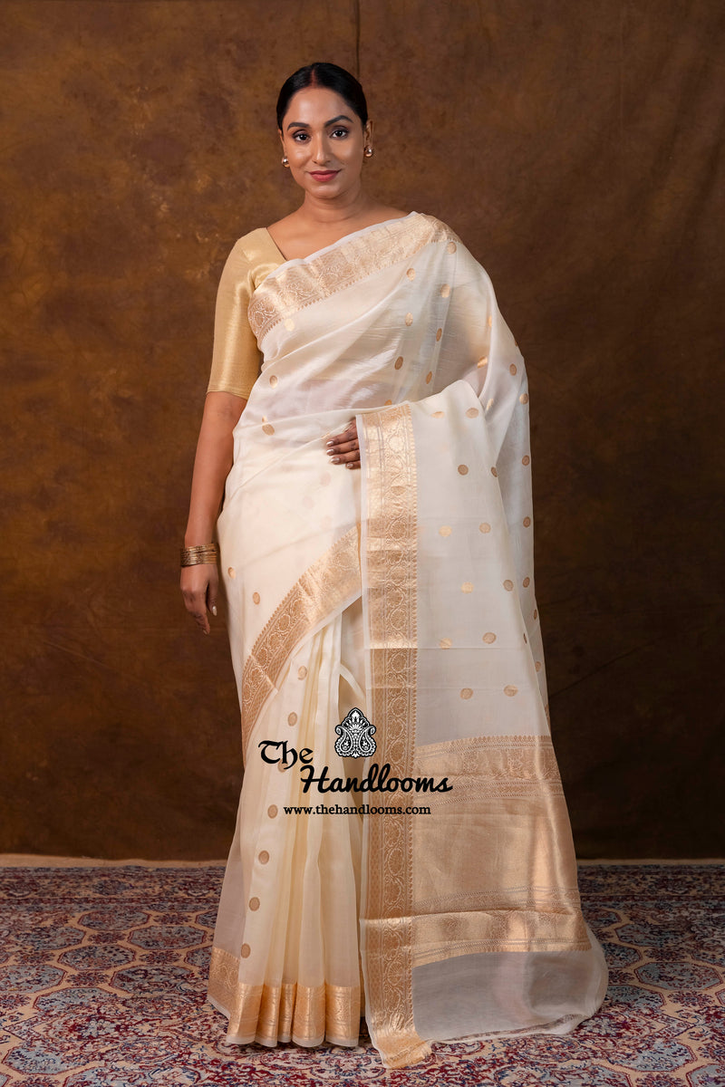 Cream Pure Kora Silk Handloom Banarasi Saree