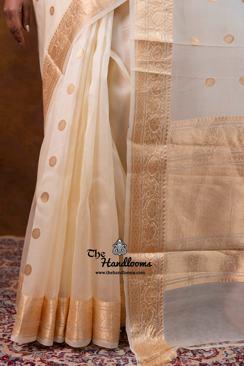 Cream Pure Kora Silk Handloom Banarasi Saree