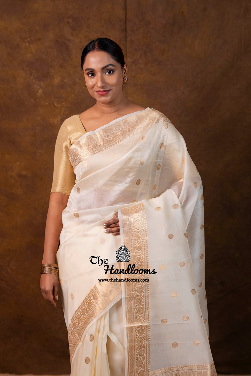 Cream Pure Kora Silk Handloom Banarasi Saree
