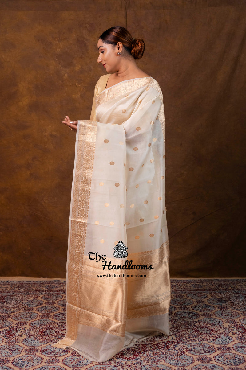 Cream Pure Kora Silk Handloom Banarasi Saree