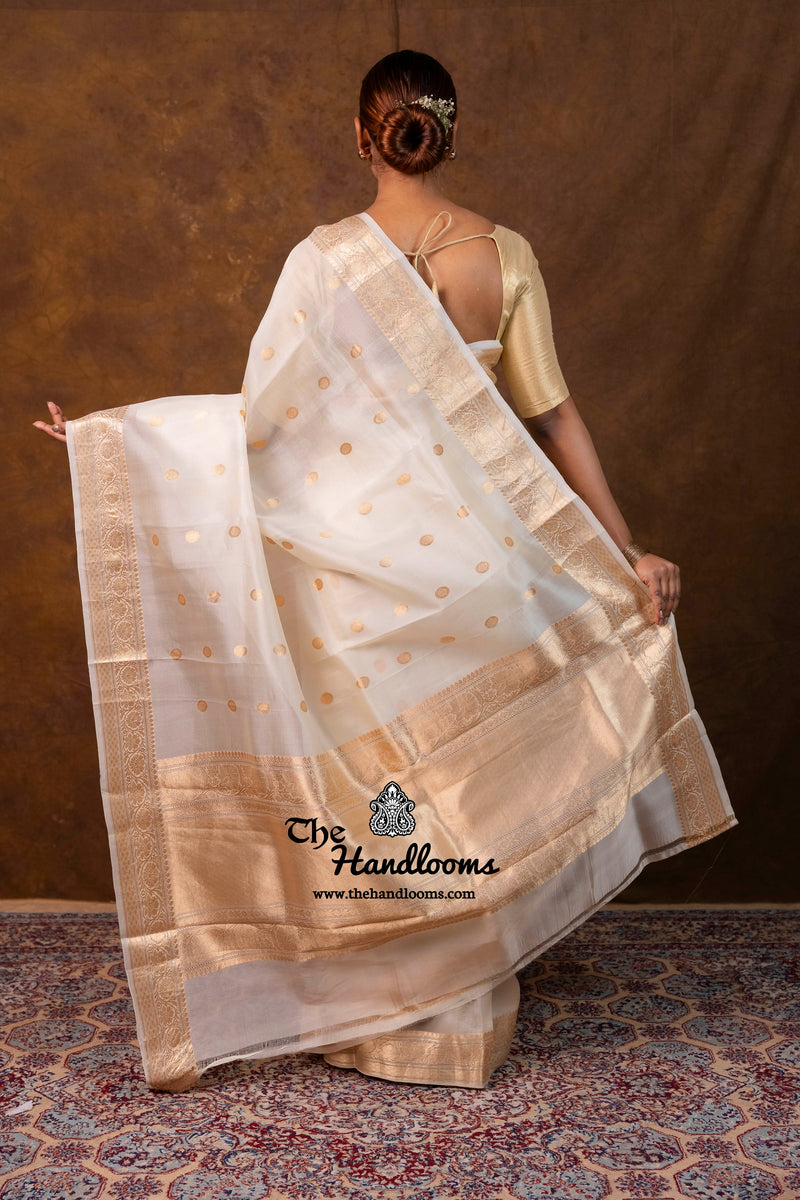 Cream Pure Kora Silk Handloom Banarasi Saree