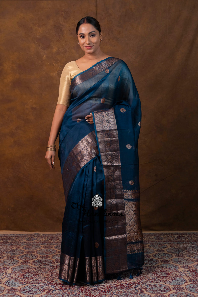 German Blue Pure Kora Handloom Banarasi Saree
