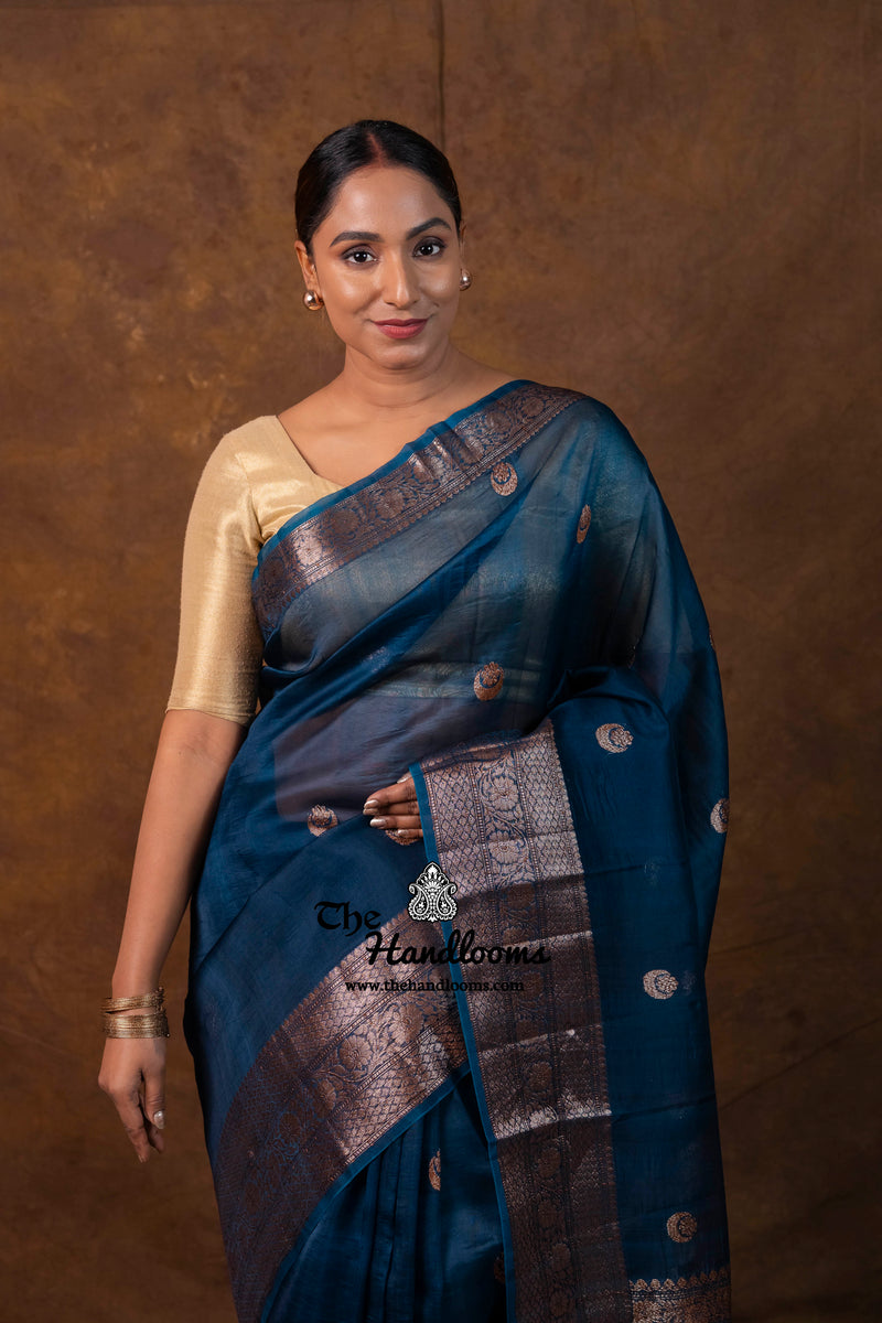 German Blue Pure Kora Handloom Banarasi Saree