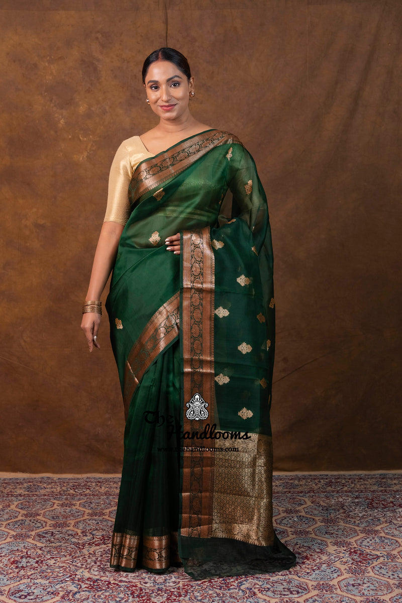 Dark Green Pure Kora Silk Handloom Banarasi Saree
