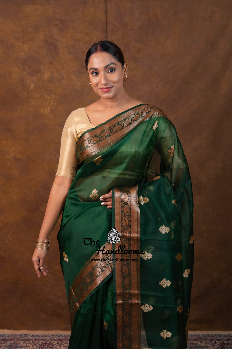 Dark Green Pure Kora Silk Handloom Banarasi Saree