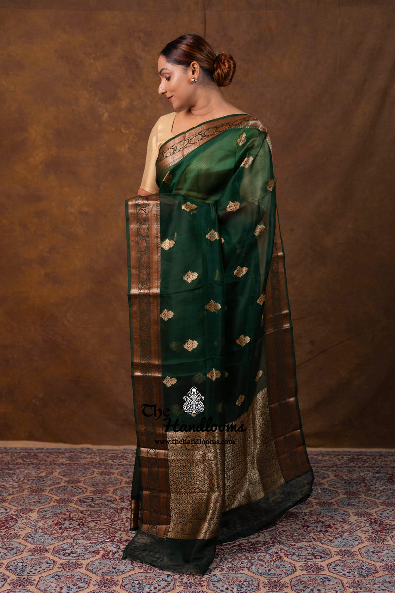 Dark Green Pure Kora Silk Handloom Banarasi Saree
