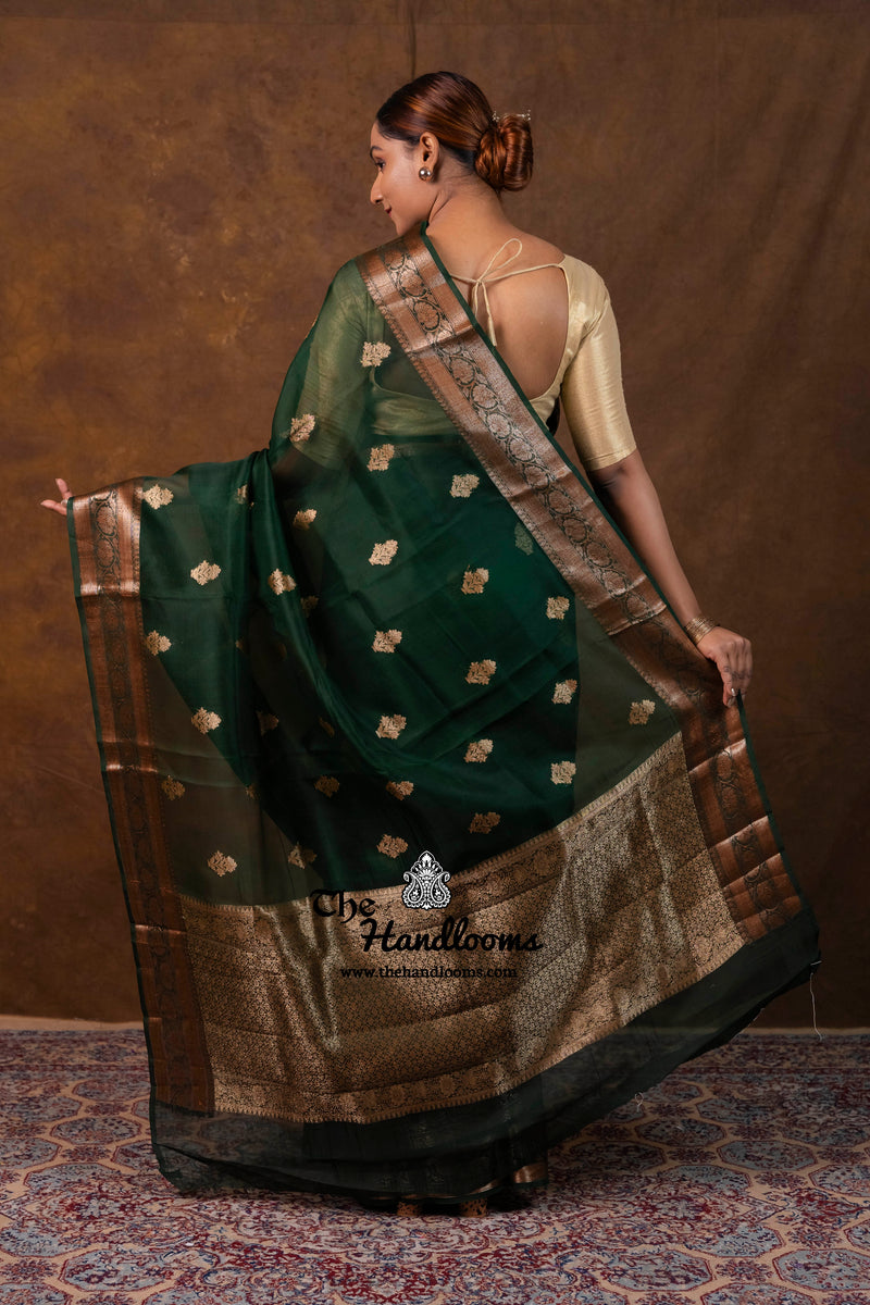 Dark Green Pure Kora Silk Handloom Banarasi Saree