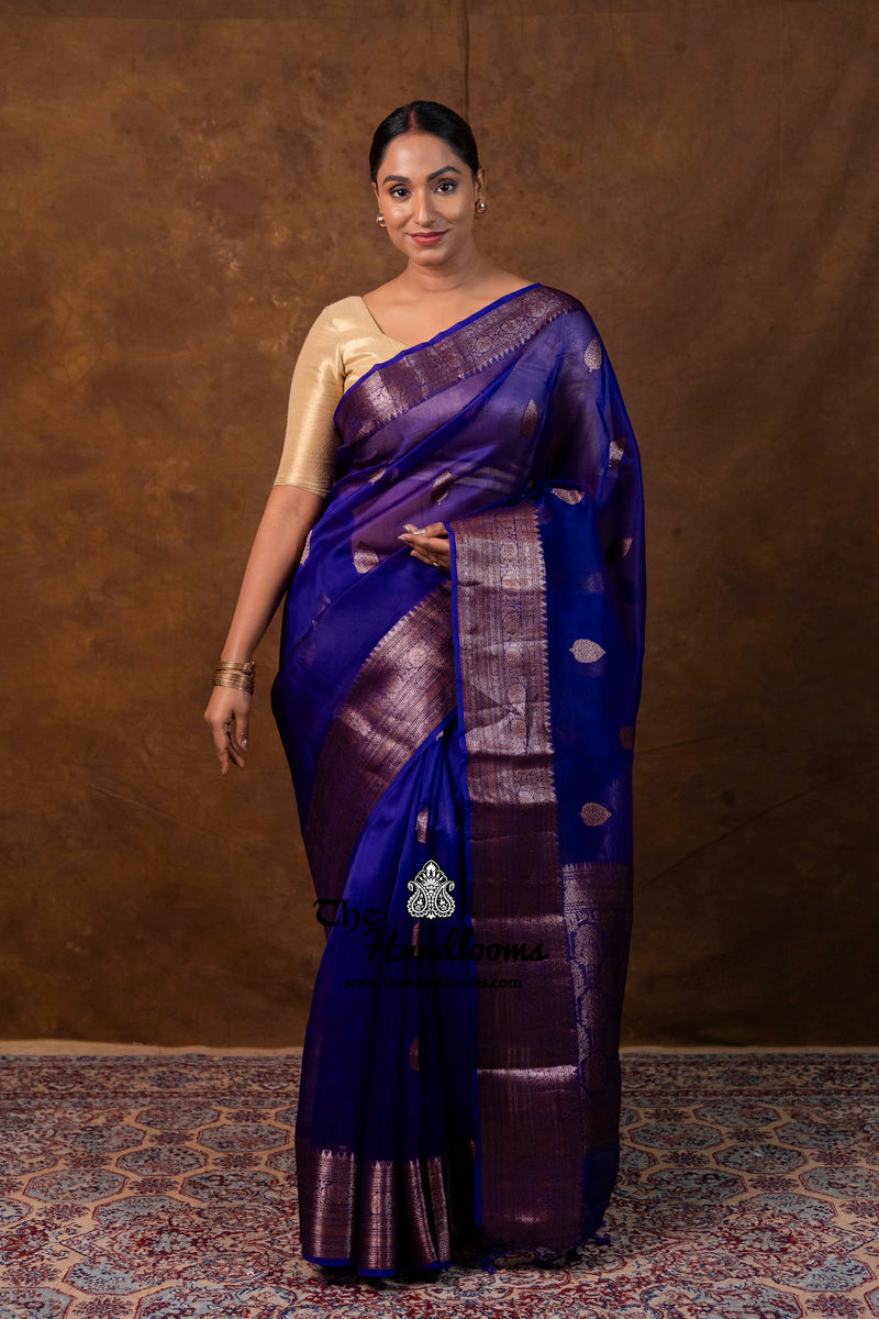 Royal Blue Pure Kora Silk Handloom Banarasi Saree