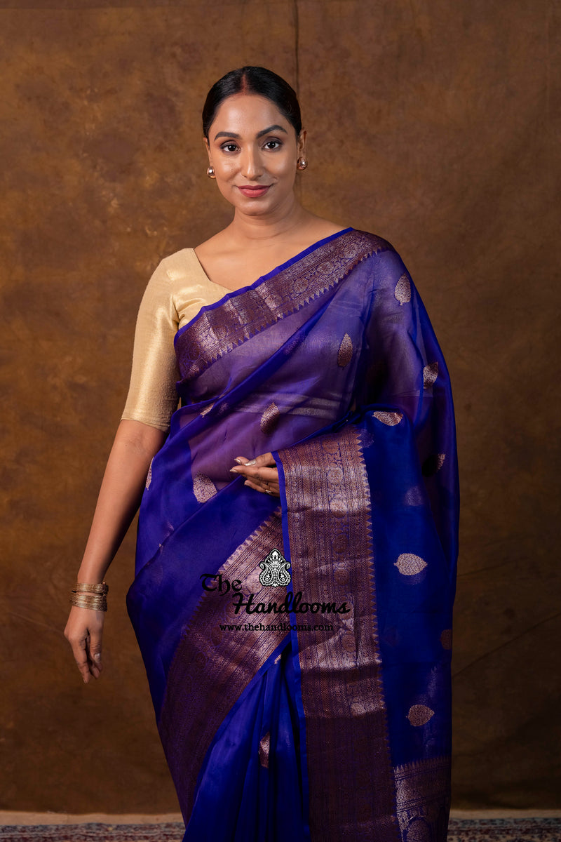 Royal Blue Pure Kora Silk Handloom Banarasi Saree