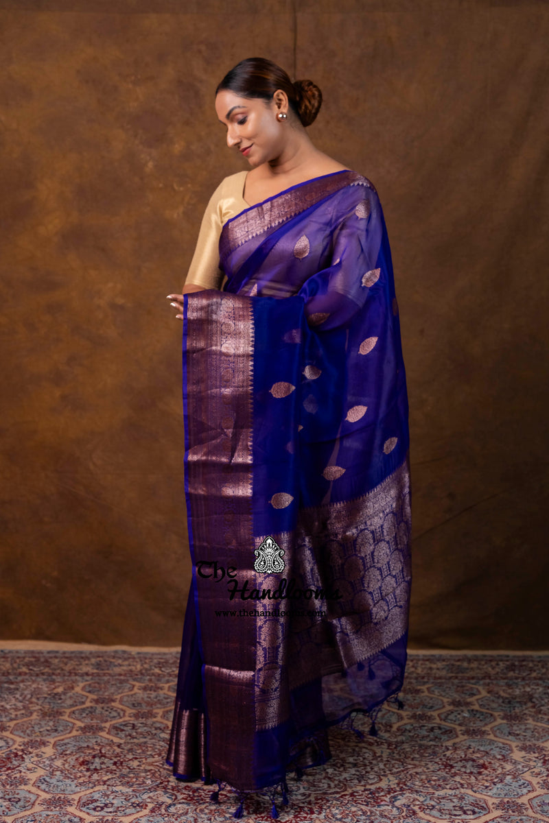 Royal Blue Pure Kora Silk Handloom Banarasi Saree