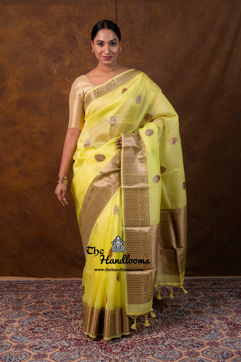 Lemon Yellow Pure Kora Silk Handloom Banarasi Saree