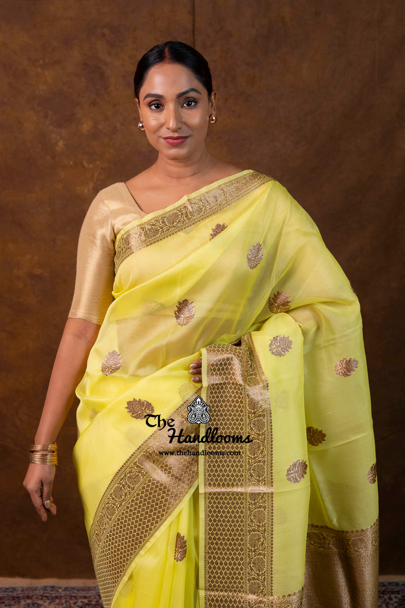 Lemon Yellow Pure Kora Silk Handloom Banarasi Saree