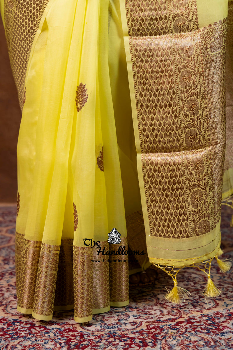 Lemon Yellow Pure Kora Silk Handloom Banarasi Saree