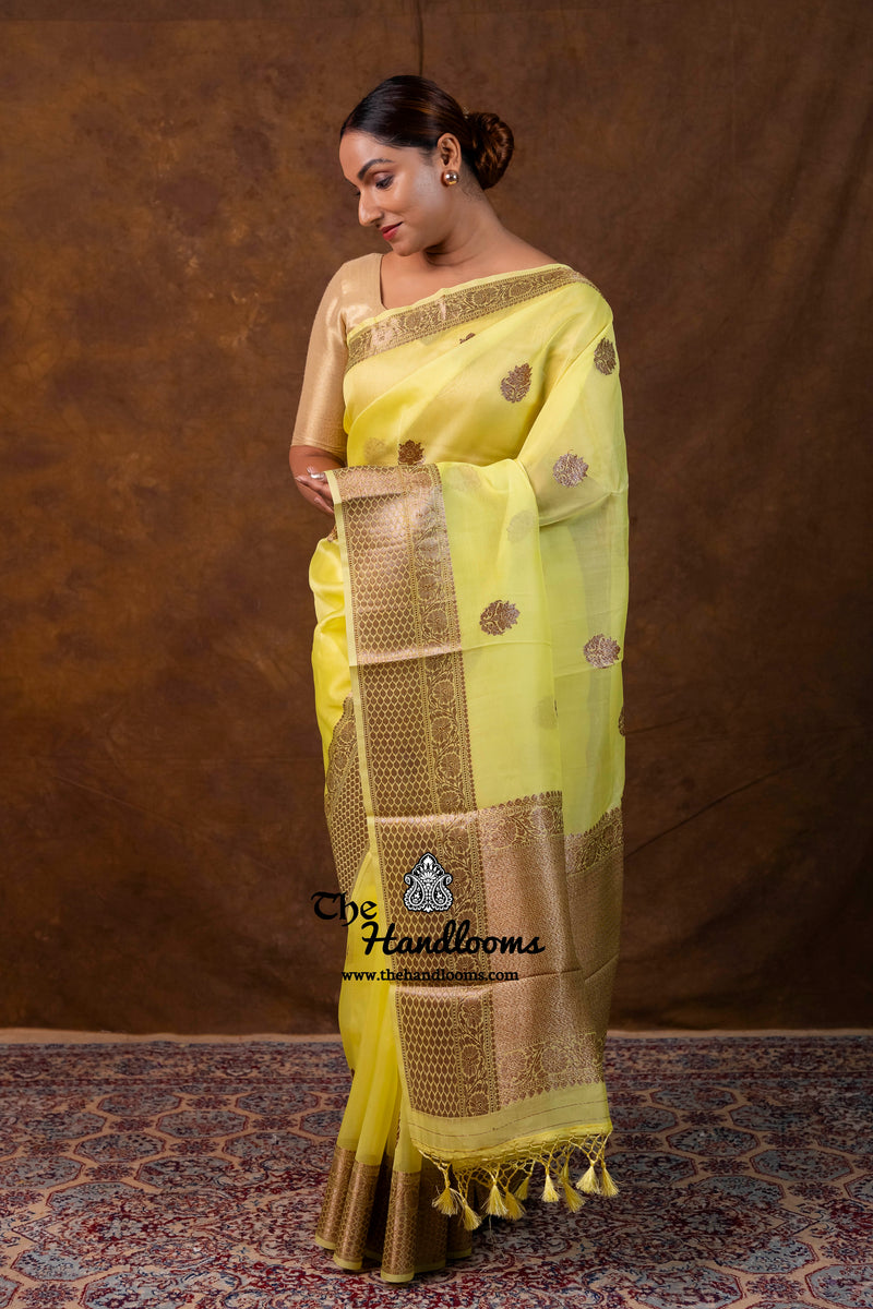 Lemon Yellow Pure Kora Silk Handloom Banarasi Saree
