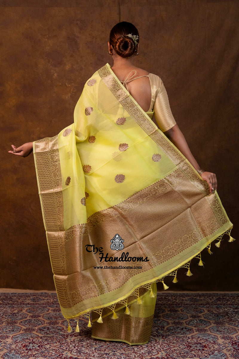 Lemon Yellow Pure Kora Silk Handloom Banarasi Saree