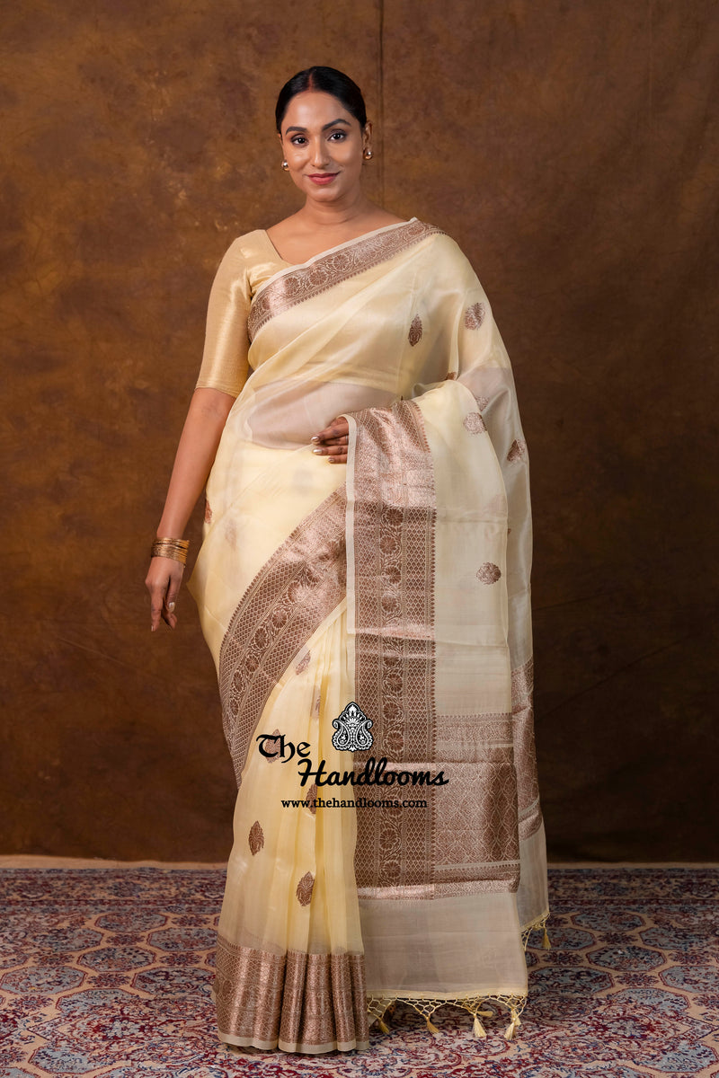 Cream Pure Kora Handloom Banarasi Saree