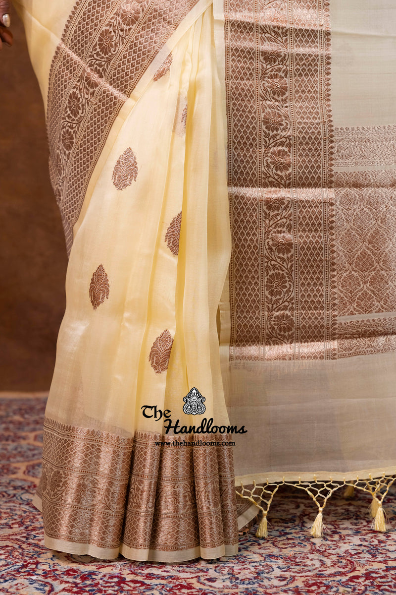 Cream Pure Kora Handloom Banarasi Saree