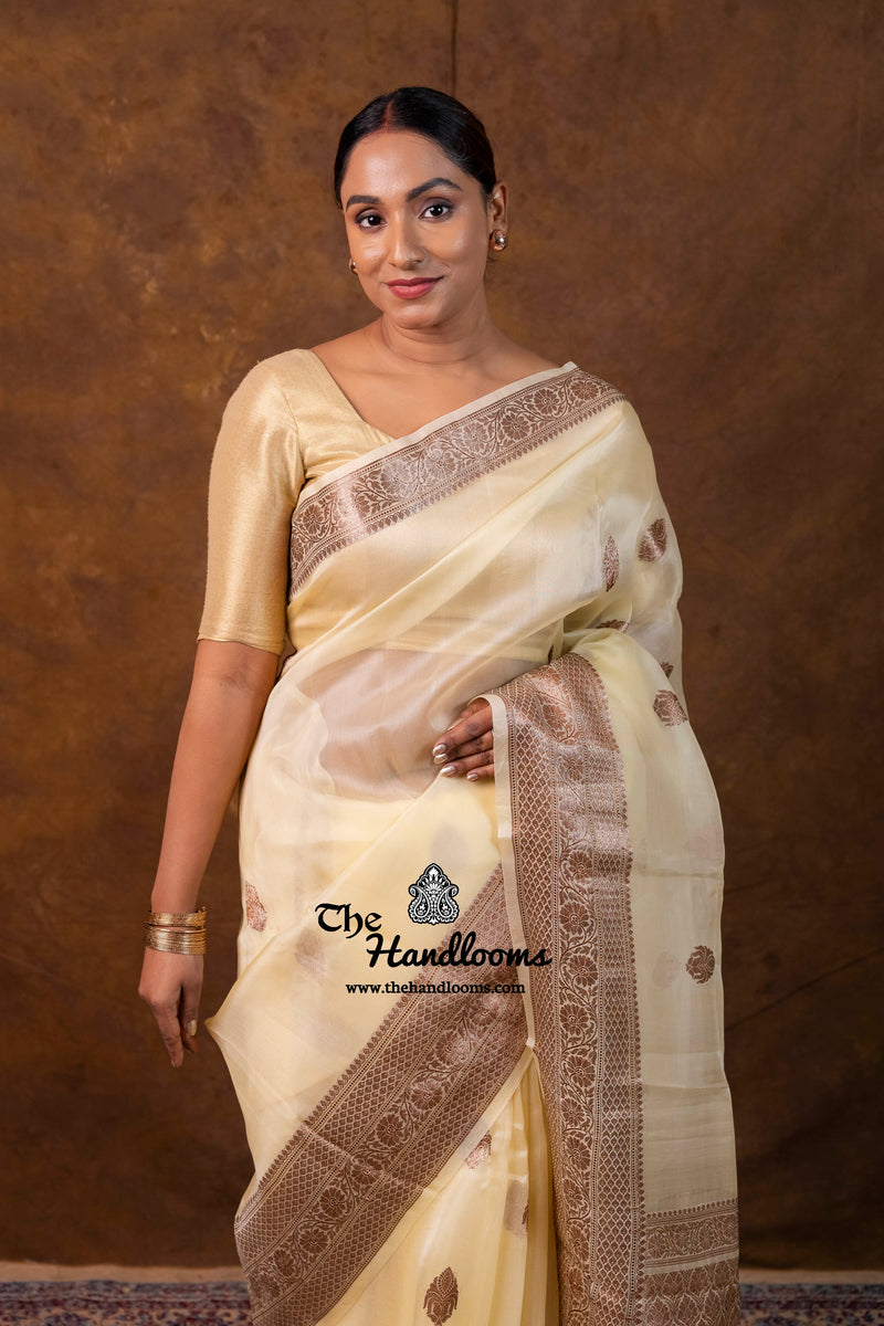 Cream Pure Kora Handloom Banarasi Saree