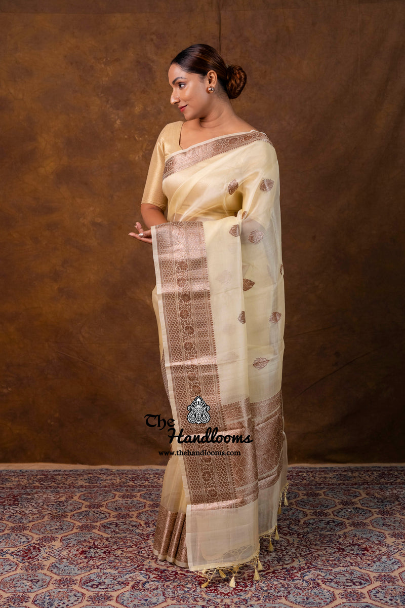 Cream Pure Kora Handloom Banarasi Saree