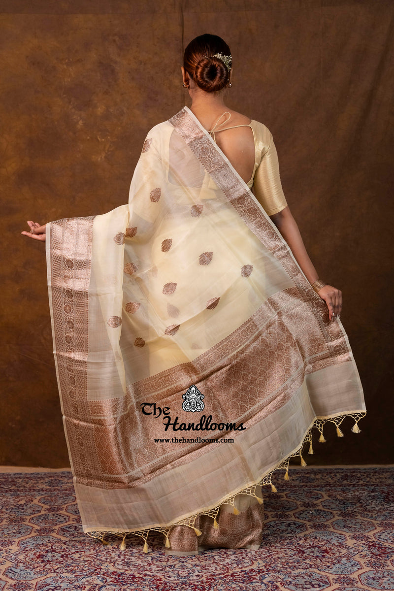 Cream Pure Kora Handloom Banarasi Saree