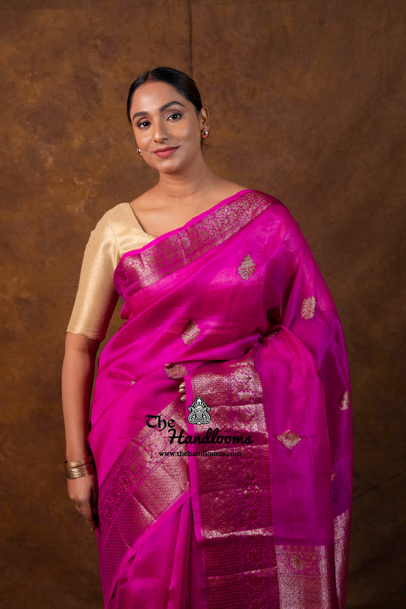 Hot Pink Pure Kora Handloom Banarasi Saree