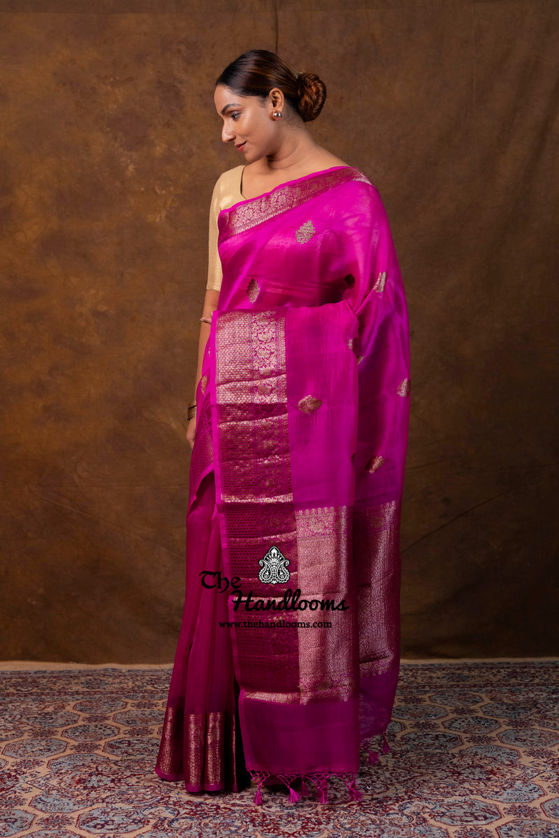 Hot Pink Pure Kora Handloom Banarasi Saree