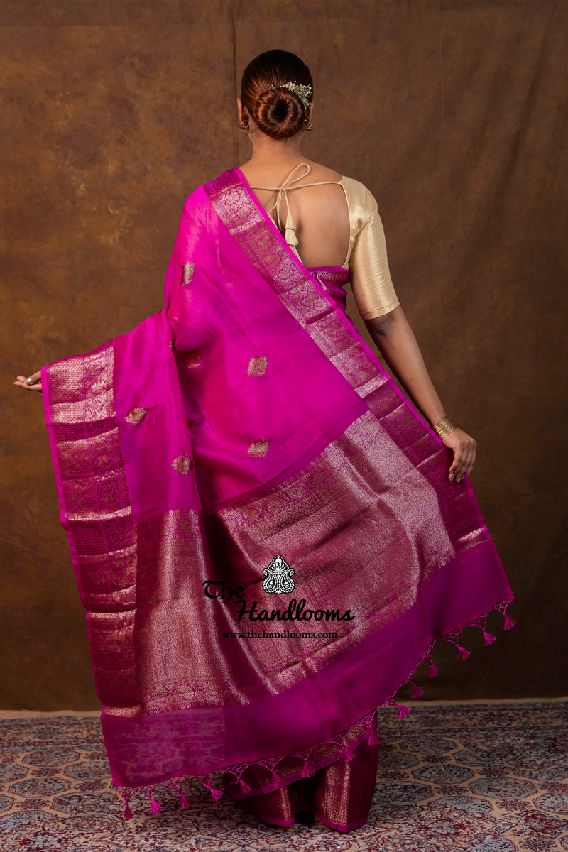 Hot Pink Pure Kora Handloom Banarasi Saree