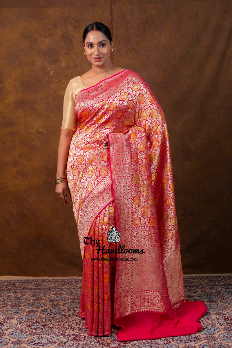 Hot Pink Pure Khaddi Georgette Handloom Banarasi Saree