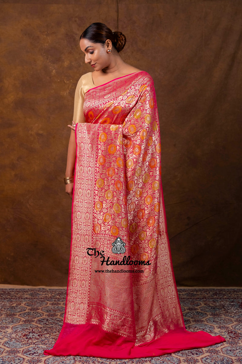 Hot Pink Pure Khaddi Georgette Handloom Banarasi Saree