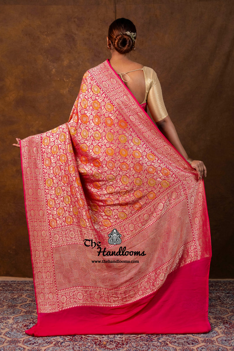 Hot Pink Pure Khaddi Georgette Handloom Banarasi Saree