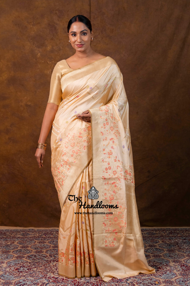 Cream Gold Pure Katan Silk Banarasi Handloom Saree - All Over Kadiyal Jaal Work