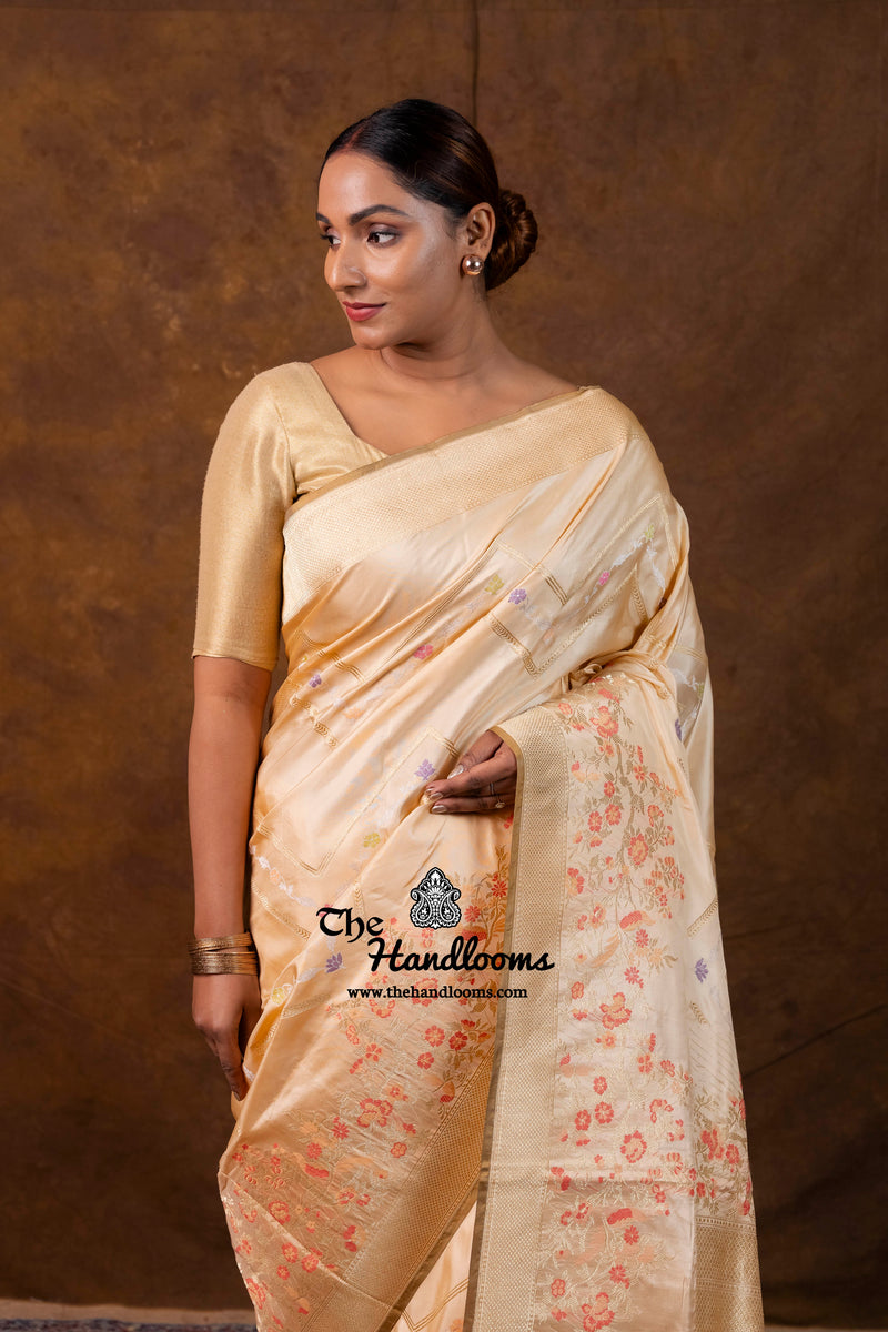 Cream Gold Pure Katan Silk Banarasi Handloom Saree - All Over Kadiyal Jaal Work