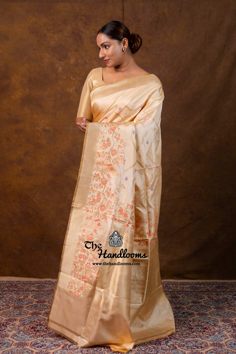 Cream Gold Pure Katan Silk Banarasi Handloom Saree - All Over Kadiyal Jaal Work