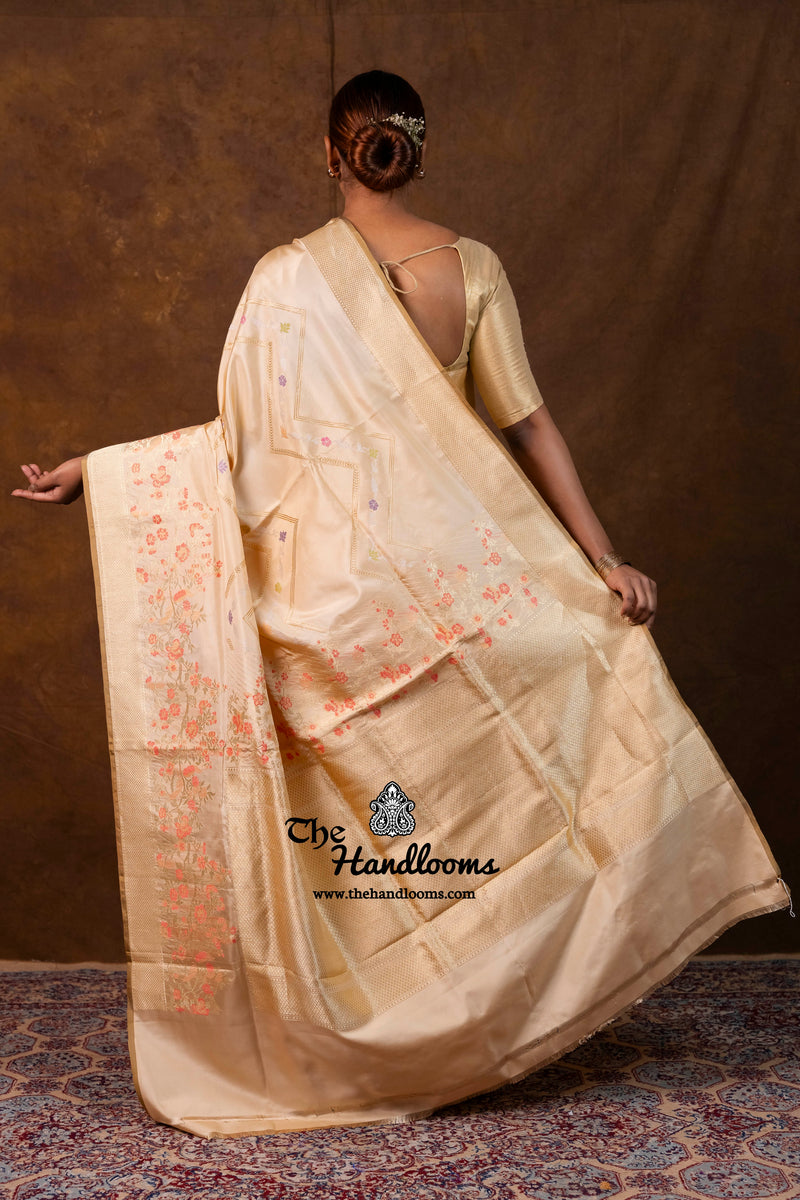 Cream Gold Pure Katan Silk Banarasi Handloom Saree - All Over Kadiyal Jaal Work